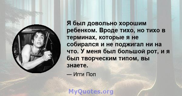 Я был довольно хорошим ребенком. Вроде тихо, но тихо в терминах, которые я не собирался и не поджигал ни на что. У меня был большой рот, и я был творческим типом, вы знаете.