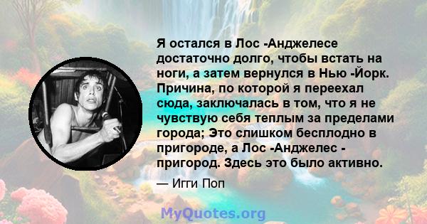 Я остался в Лос -Анджелесе достаточно долго, чтобы встать на ноги, а затем вернулся в Нью -Йорк. Причина, по которой я переехал сюда, заключалась в том, что я не чувствую себя теплым за пределами города; Это слишком