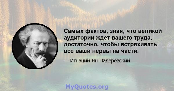 Самых фактов, зная, что великой аудитории ждет вашего труда, достаточно, чтобы встряхивать все ваши нервы на части.