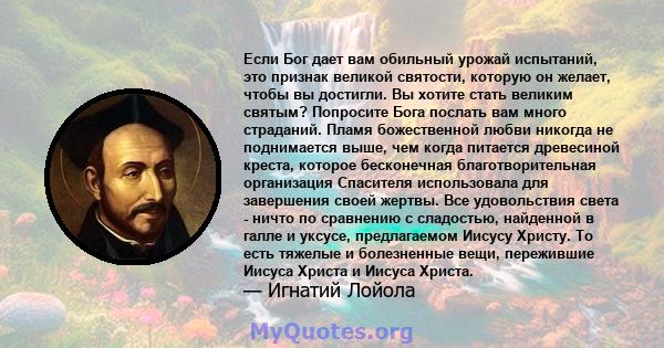 Если Бог дает вам обильный урожай испытаний, это признак великой святости, которую он желает, чтобы вы достигли. Вы хотите стать великим святым? Попросите Бога послать вам много страданий. Пламя божественной любви