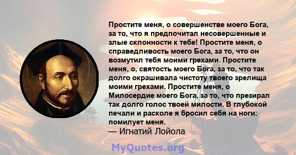 Простите меня, о совершенстве моего Бога, за то, что я предпочитал несовершенные и злые склонности к тебе! Простите меня, о справедливость моего Бога, за то, что он возмутил тебя моими грехами. Простите меня, о,