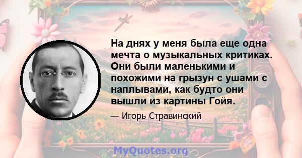 На днях у меня была еще одна мечта о музыкальных критиках. Они были маленькими и похожими на грызун с ушами с наплывами, как будто они вышли из картины Гойя.