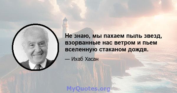 Не знаю, мы пахаем пыль звезд, взорванные нас ветром и пьем вселенную стаканом дождя.