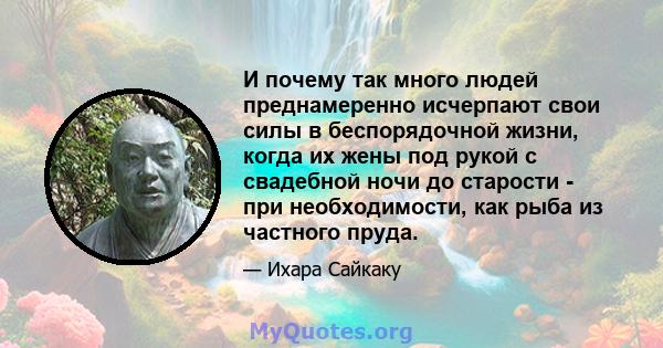 И почему так много людей преднамеренно исчерпают свои силы в беспорядочной жизни, когда их жены под рукой с свадебной ночи до старости - при необходимости, как рыба из частного пруда.