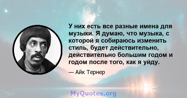 У них есть все разные имена для музыки. Я думаю, что музыка, с которой я собираюсь изменить стиль, будет действительно, действительно большим годом и годом после того, как я уйду.