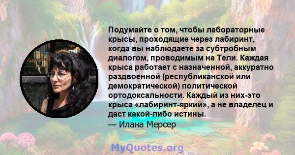 Подумайте о том, чтобы лабораторные крысы, проходящие через лабиринт, когда вы наблюдаете за субтробным диалогом, проводимым на Тели. Каждая крыса работает с назначенной, аккуратно раздвоенной (республиканской или