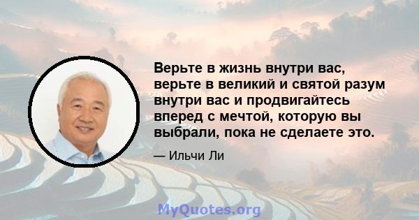 Верьте в жизнь внутри вас, верьте в великий и святой разум внутри вас и продвигайтесь вперед с мечтой, которую вы выбрали, пока не сделаете это.