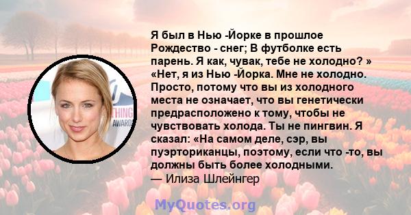 Я был в Нью -Йорке в прошлое Рождество - снег; В футболке есть парень. Я как, чувак, тебе не холодно? » «Нет, я из Нью -Йорка. Мне не холодно. Просто, потому что вы из холодного места не означает, что вы генетически