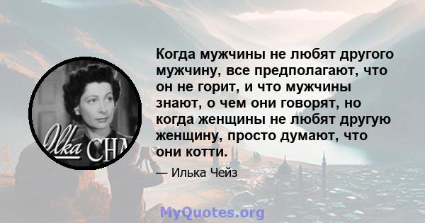 Когда мужчины не любят другого мужчину, все предполагают, что он не горит, и что мужчины знают, о чем они говорят, но когда женщины не любят другую женщину, просто думают, что они котти.