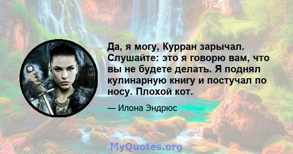 Да, я могу, Курран зарычал. Слушайте: это я говорю вам, что вы не будете делать. Я поднял кулинарную книгу и постучал по носу. Плохой кот.