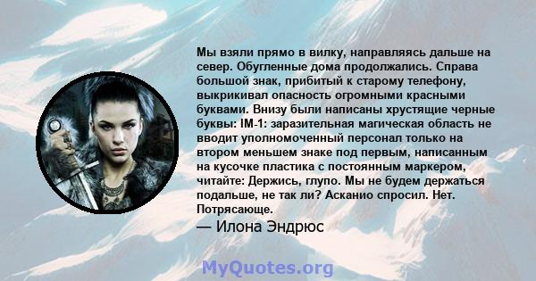 Мы взяли прямо в вилку, направляясь дальше на север. Обугленные дома продолжались. Справа большой знак, прибитый к старому телефону, выкрикивал опасность огромными красными буквами. Внизу были написаны хрустящие черные