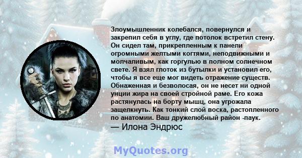 Злоумышленник колебался, повернулся и закрепил себя в углу, где потолок встретил стену. Он сидел там, прикрепленным к панели огромными желтыми когтями, неподвижными и молчаливым, как горгулью в полном солнечном свете. Я 