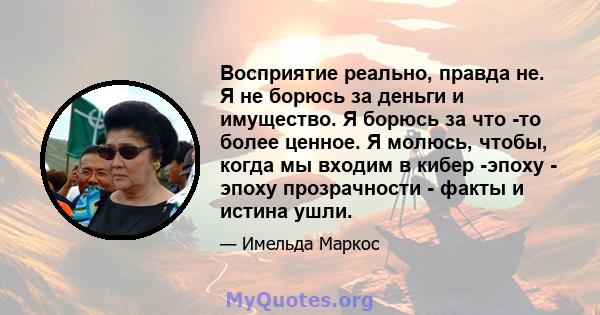 Восприятие реально, правда не. Я не борюсь за деньги и имущество. Я борюсь за что -то более ценное. Я молюсь, чтобы, когда мы входим в кибер -эпоху - эпоху прозрачности - факты и истина ушли.