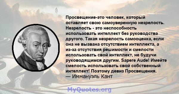 Просвещение-это человек, который оставляет свою самоуверенную незрелость. Незрелость - это неспособность использовать интеллект без руководства другого. Такая незрелость самооценка, если она не вызвана отсутствием