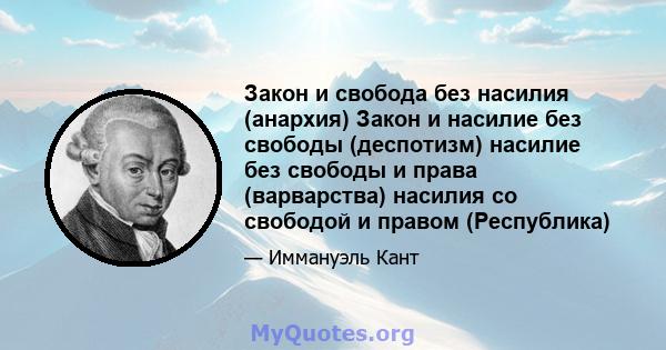 Закон и свобода без насилия (анархия) Закон и насилие без свободы (деспотизм) насилие без свободы и права (варварства) насилия со свободой и правом (Республика)