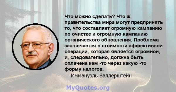 Что можно сделать? Что ж, правительства мира могут предпринять то, что составляет огромную кампанию по очистке и огромную кампанию органического обновления. Проблема заключается в стоимости эффективной операции, которая 