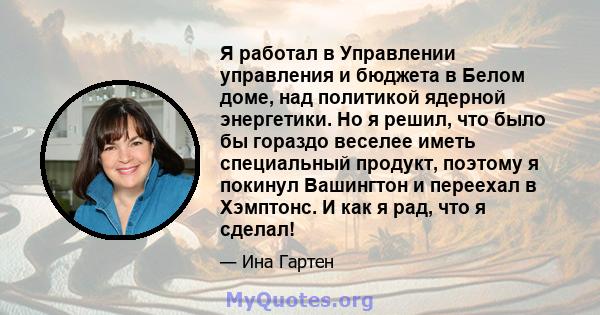 Я работал в Управлении управления и бюджета в Белом доме, над политикой ядерной энергетики. Но я решил, что было бы гораздо веселее иметь специальный продукт, поэтому я покинул Вашингтон и переехал в Хэмптонс. И как я