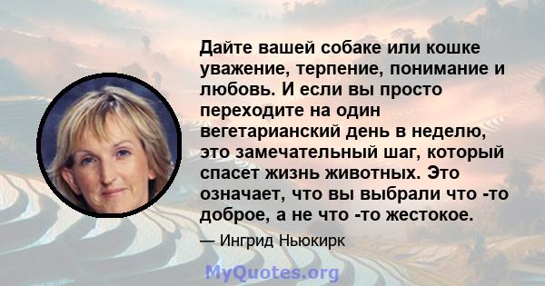 Дайте вашей собаке или кошке уважение, терпение, понимание и любовь. И если вы просто переходите на один вегетарианский день в неделю, это замечательный шаг, который спасет жизнь животных. Это означает, что вы выбрали