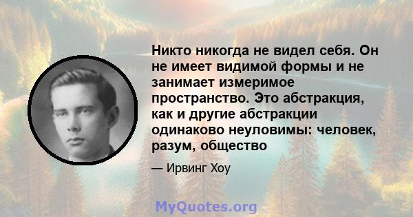 Никто никогда не видел себя. Он не имеет видимой формы и не занимает измеримое пространство. Это абстракция, как и другие абстракции одинаково неуловимы: человек, разум, общество