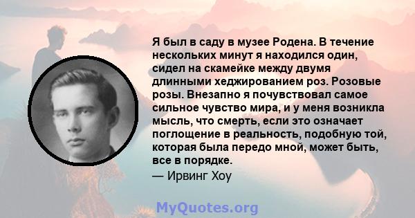 Я был в саду в музее Родена. В течение нескольких минут я находился один, сидел на скамейке между двумя длинными хеджированием роз. Розовые розы. Внезапно я почувствовал самое сильное чувство мира, и у меня возникла