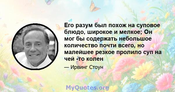 Его разум был похож на суповое блюдо, широкое и мелкое; Он мог бы содержать небольшое количество почти всего, но малейшее резкое пролило суп на чей -то колен