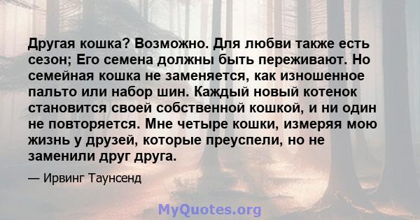 Другая кошка? Возможно. Для любви также есть сезон; Его семена должны быть переживают. Но семейная кошка не заменяется, как изношенное пальто или набор шин. Каждый новый котенок становится своей собственной кошкой, и ни 