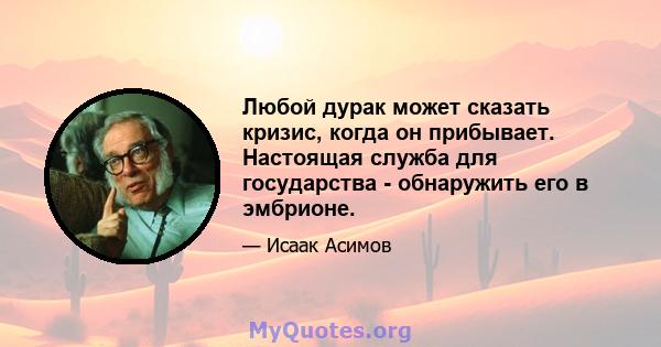 Любой дурак может сказать кризис, когда он прибывает. Настоящая служба для государства - обнаружить его в эмбрионе.