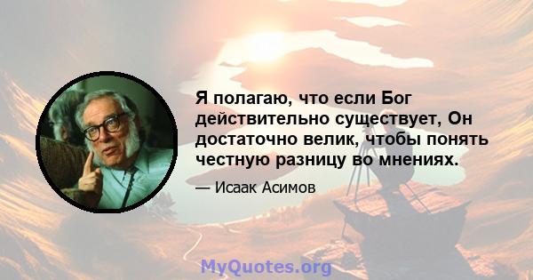 Я полагаю, что если Бог действительно существует, Он достаточно велик, чтобы понять честную разницу во мнениях.