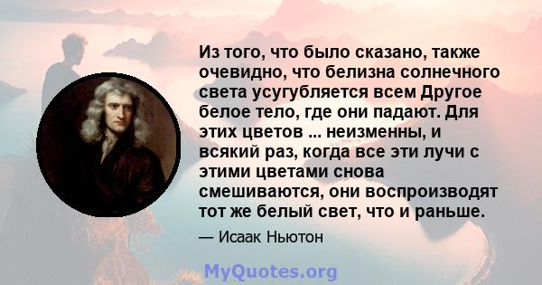 Из того, что было сказано, также очевидно, что белизна солнечного света усугубляется всем Другое белое тело, где они падают. Для этих цветов ... неизменны, и всякий раз, когда все эти лучи с этими цветами снова