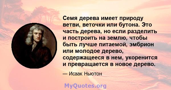 Семя дерева имеет природу ветви, веточки или бутона. Это часть дерева, но если разделить и построить на землю, чтобы быть лучше питаемой, эмбрион или молодое дерево, содержащееся в нем, укоренится и превращается в новое 