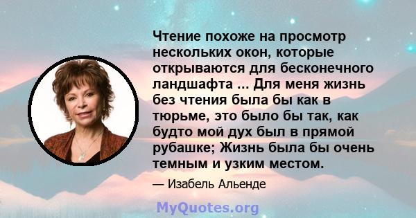 Чтение похоже на просмотр нескольких окон, которые открываются для бесконечного ландшафта ... Для меня жизнь без чтения была бы как в тюрьме, это было бы так, как будто мой дух был в прямой рубашке; Жизнь была бы очень