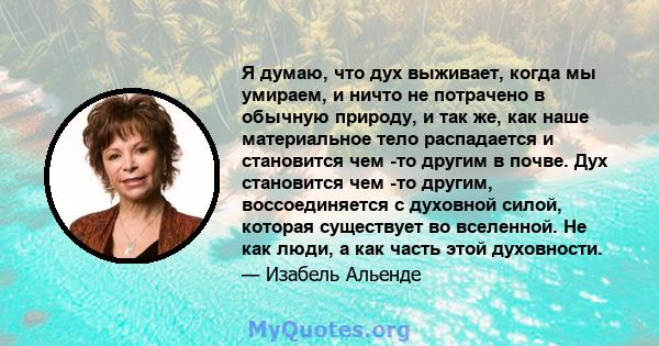 Я думаю, что дух выживает, когда мы умираем, и ничто не потрачено в обычную природу, и так же, как наше материальное тело распадается и становится чем -то другим в почве. Дух становится чем -то другим, воссоединяется с