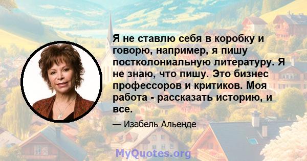 Я не ставлю себя в коробку и говорю, например, я пишу постколониальную литературу. Я не знаю, что пишу. Это бизнес профессоров и критиков. Моя работа - рассказать историю, и все.