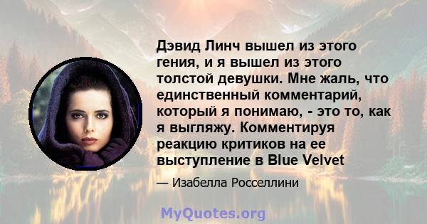 Дэвид Линч вышел из этого гения, и я вышел из этого толстой девушки. Мне жаль, что единственный комментарий, который я понимаю, - это то, как я выгляжу. Комментируя реакцию критиков на ее выступление в Blue Velvet