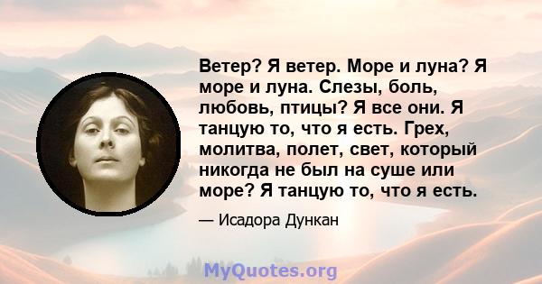 Ветер? Я ветер. Море и луна? Я море и луна. Слезы, боль, любовь, птицы? Я все они. Я танцую то, что я есть. Грех, молитва, полет, свет, который никогда не был на суше или море? Я танцую то, что я есть.