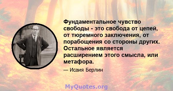 Фундаментальное чувство свободы - это свобода от цепей, от тюремного заключения, от порабощения со стороны других. Остальное является расширением этого смысла, или метафора.