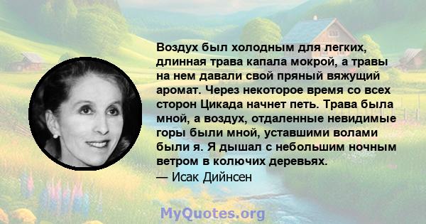 Воздух был холодным для легких, длинная трава капала мокрой, а травы на нем давали свой пряный вяжущий аромат. Через некоторое время со всех сторон Цикада начнет петь. Трава была мной, а воздух, отдаленные невидимые