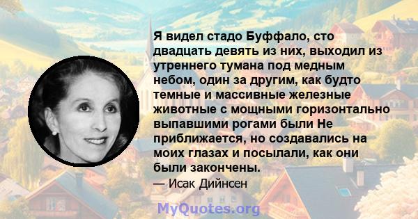 Я видел стадо Буффало, сто двадцать девять из них, выходил из утреннего тумана под медным небом, один за другим, как будто темные и массивные железные животные с мощными горизонтально выпавшими рогами были Не