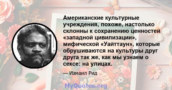 Американские культурные учреждения, похоже, настолько склонны к сохранению ценностей «западной цивилизации», мифической «Уайттаун», которые обрушиваются на культуры друг друга так же, как мы узнаем о сексе: на улицах.