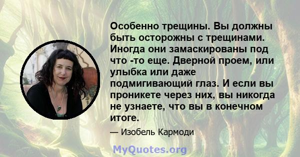 Особенно трещины. Вы должны быть осторожны с трещинами. Иногда они замаскированы под что -то еще. Дверной проем, или улыбка или даже подмигивающий глаз. И если вы проникете через них, вы никогда не узнаете, что вы в