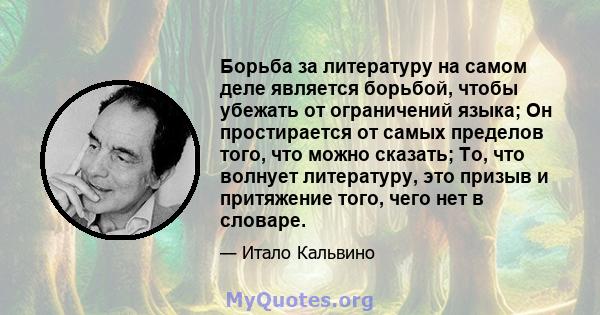 Борьба за литературу на самом деле является борьбой, чтобы убежать от ограничений языка; Он простирается от самых пределов того, что можно сказать; То, что волнует литературу, это призыв и притяжение того, чего нет в