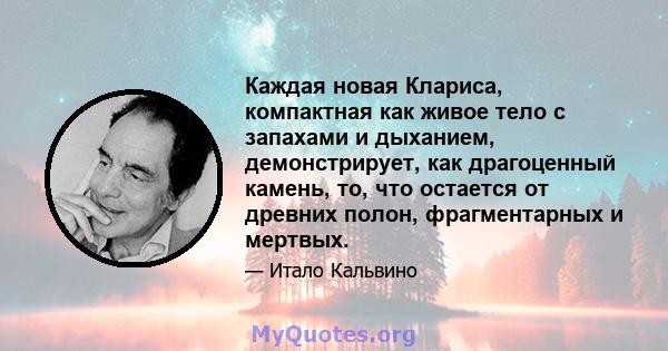 Каждая новая Клариса, компактная как живое тело с запахами и дыханием, демонстрирует, как драгоценный камень, то, что остается от древних полон, фрагментарных и мертвых.