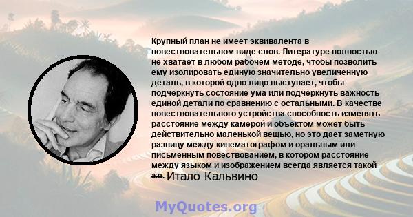 Крупный план не имеет эквивалента в повествовательном виде слов. Литературе полностью не хватает в любом рабочем методе, чтобы позволить ему изолировать единую значительно увеличенную деталь, в которой одно лицо