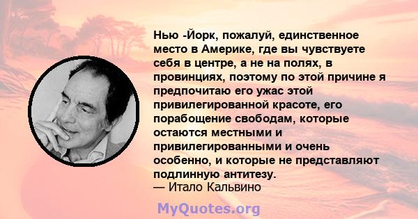 Нью -Йорк, пожалуй, единственное место в Америке, где вы чувствуете себя в центре, а не на полях, в провинциях, поэтому по этой причине я предпочитаю его ужас этой привилегированной красоте, его порабощение свободам,