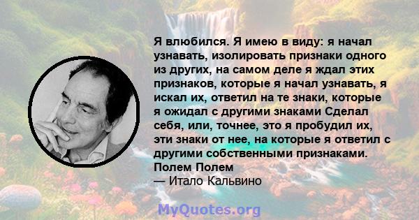 Я влюбился. Я имею в виду: я начал узнавать, изолировать признаки одного из других, на самом деле я ждал этих признаков, которые я начал узнавать, я искал их, ответил на те знаки, которые я ожидал с другими знаками