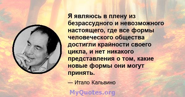 Я являюсь в плену из безрассудного и невозможного настоящего, где все формы человеческого общества достигли крайности своего цикла, и нет никакого представления о том, какие новые формы они могут принять.