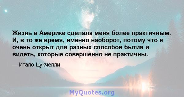 Жизнь в Америке сделала меня более практичным. И, в то же время, именно наоборот, потому что я очень открыт для разных способов бытия и видеть, которые совершенно не практичны.