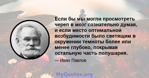 Если бы мы могли просмотреть череп в мозг сознательно думая, и если место оптимальной возбудимости было светящим в окружении темноты более или менее глубоко, покрывая остальную часть полушария.