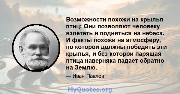 Возможности похожи на крылья птиц; Они позволяют человеку взлететь и подняться на небеса. И факты похожи на атмосферу, по которой должны победить эти крылья, и без которой парящая птица наверняка падает обратно на Землю.