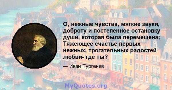 О, нежные чувства, мягкие звуки, доброту и постепенное остановку души, которая была перемещена; Тяжеющее счастье первых нежных, трогательных радостей любви- где ты?